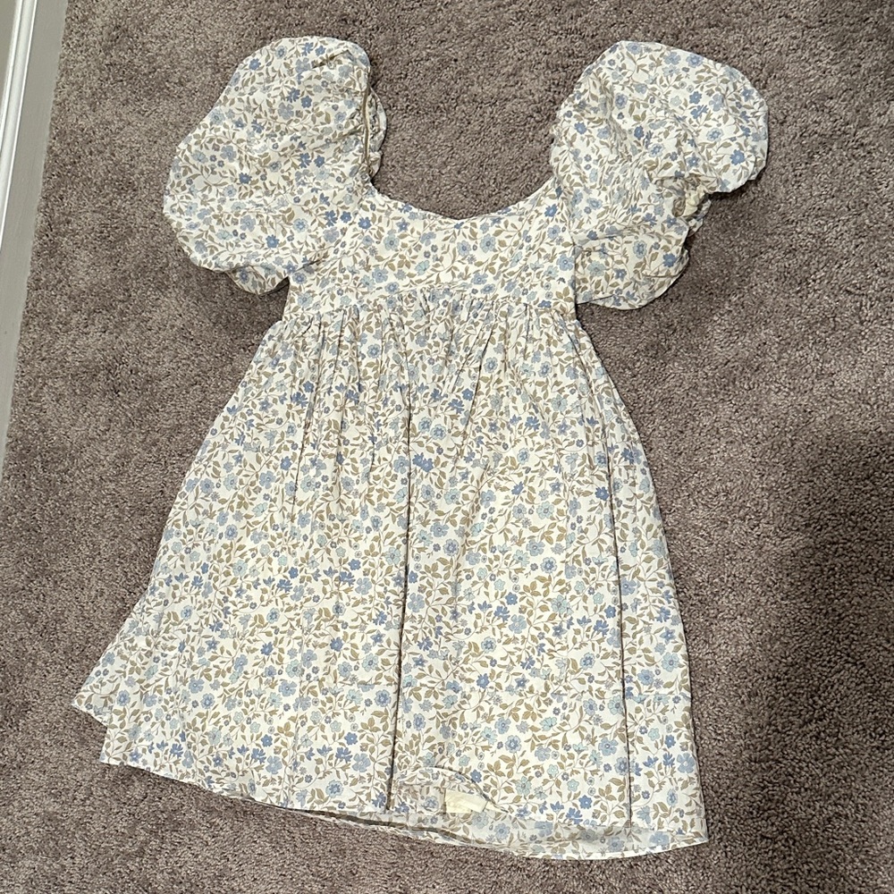 Floral Puff-Sleeve Dress in Blue and Cream